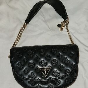 Guess Embossed Black Shoulder Bag with Gold Chain